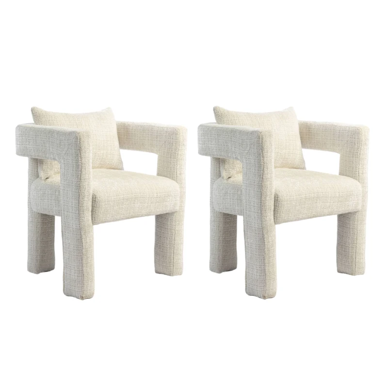 Chenille Fabric Modern Arm Chair Set of 2 with Comfortable Cushions and Pillows, for Living Room - Beige