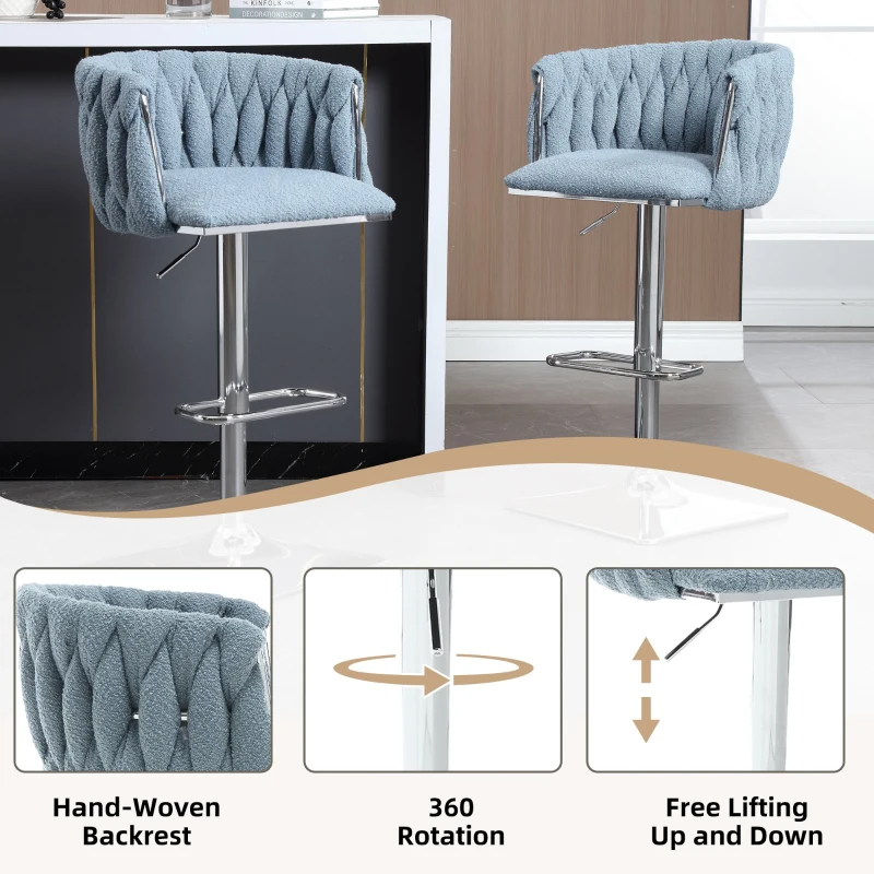 Boucle Fabric Bar Stools with Backs & Sponge Cushions, Set of 2 for Bar, Cafe, Restaurant - Light Blue