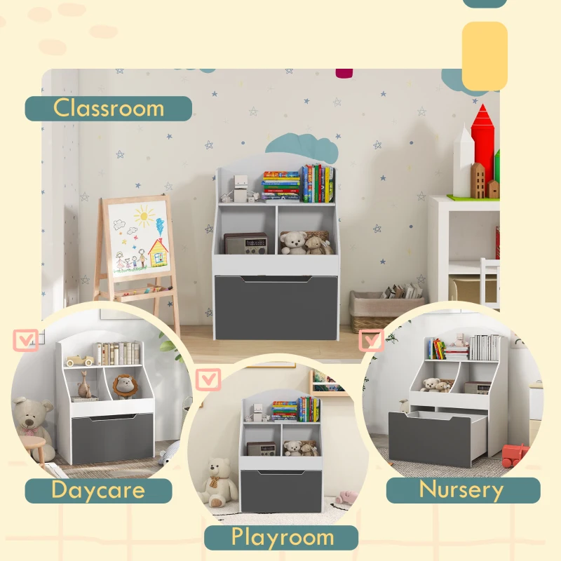 AIYAPLAY Bibliotecă pentru Copii cu 2 Niveluri și Sertar pe Roți, Raft Bibliotecă pentru Jucării și Cărți, 62x40x88 cm, Alb