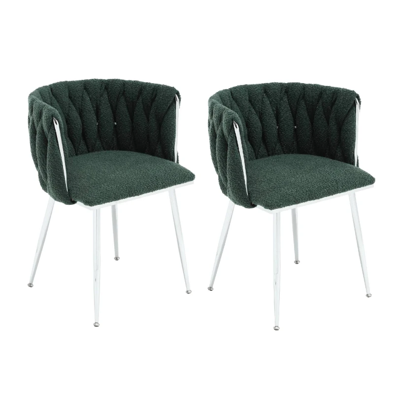 Set of 2 Modern Dining Chairs with Silver Legs, Hand-woven Backrest and Armrests, Upholstered Boucle Armchair for Living Room, 54x52x73 cm, Emerald