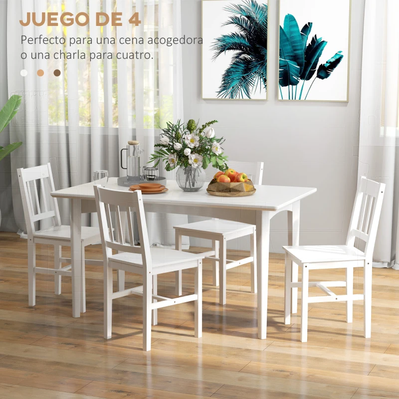 HOMCOM Juego de 4 Sillas de Comedor Silla de Cocina con Respaldo de Listones Marco de Madera de Pino 41x46,5x85,5 cm Blanco