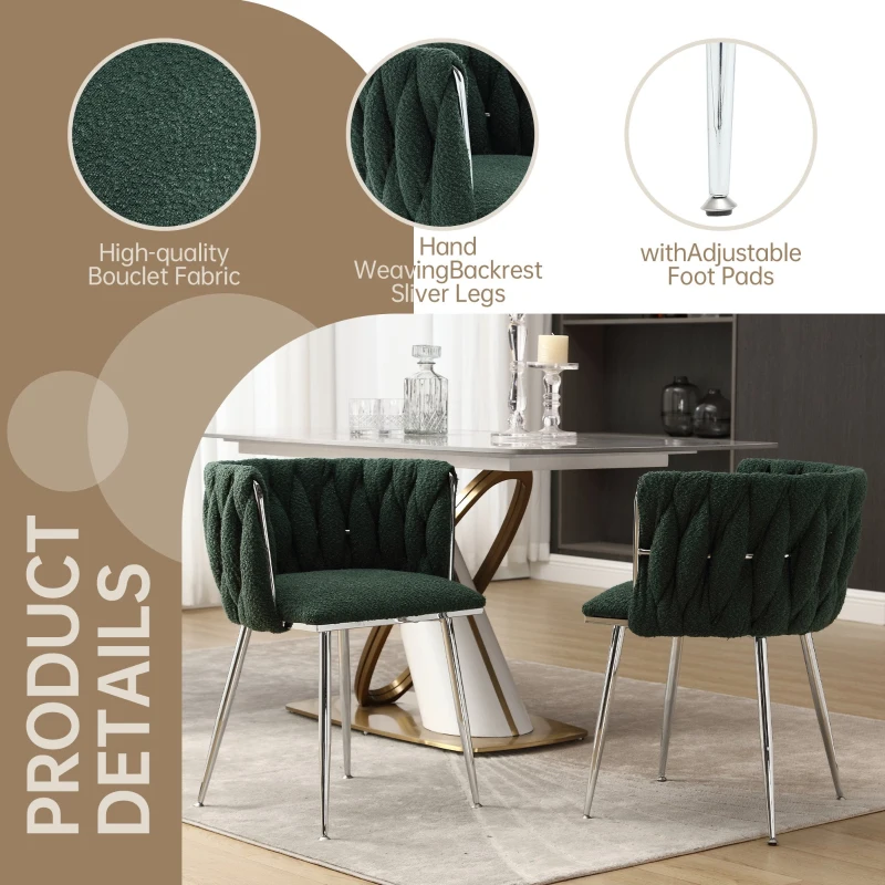 Set of 2 Modern Dining Chairs with Silver Legs, Hand-woven Backrest and Armrests, Upholstered Boucle Armchair for Living Room, 54x52x73 cm, Emerald