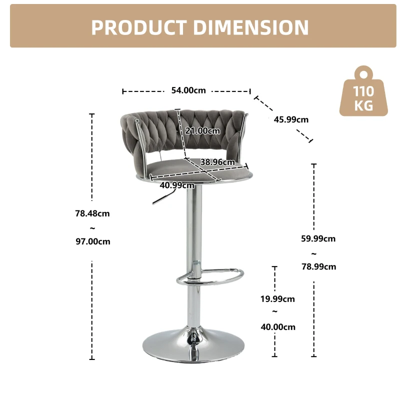 Set of 2 Adjustable Kitchen Bar Stools with Back and Footrest, 360° Swivel Velvet Bar Chairs with Silver Legs, 54x46x97 cm, Gray