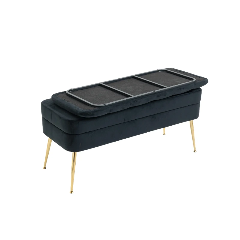 Velvet Upholstered Storage Ottoman Bench with Metal Legs, Footrest Sofa for Bedroom and Living Room, 104x40x51 cm, Black
