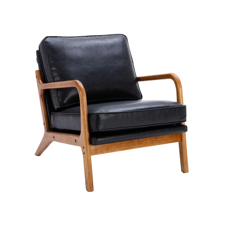 Modern Accent Armchair with Wooden Frame, Soft Cushion, Mid-Century Style, Comfy Chair for Bedroom, Living Room, 65x80x76 cm, Black
