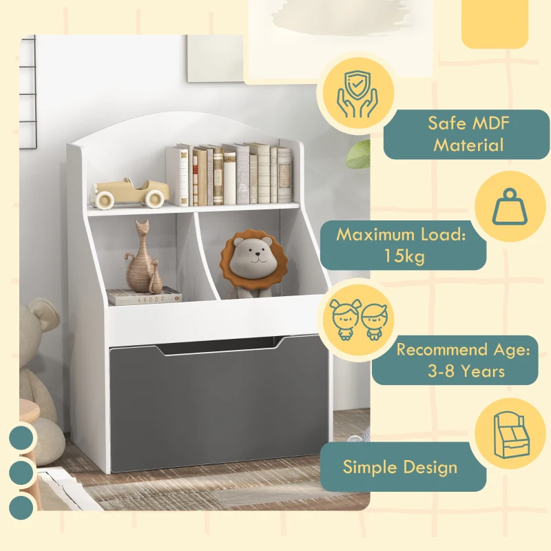 AIYAPLAY Bibliotecă pentru Copii cu 2 Niveluri și Sertar pe Roți, Raft Bibliotecă pentru Jucării și Cărți, 62x40x88 cm, Alb