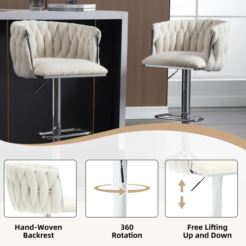Adjustable Bar Stools Set of 2 with Woven Backs and Silver Base, Upholstered Boucle Fabric, for Kitchen Island and Pub, 53x51x87 cm, Ivory
