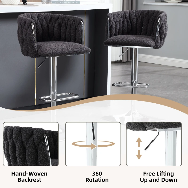 Set of 2 Adjustable Upholstered Swivel Kitchen Stools with Silver Base, Bar Stools with Backs for Kitchen Island, Pub, 53x51x87 cm, Black