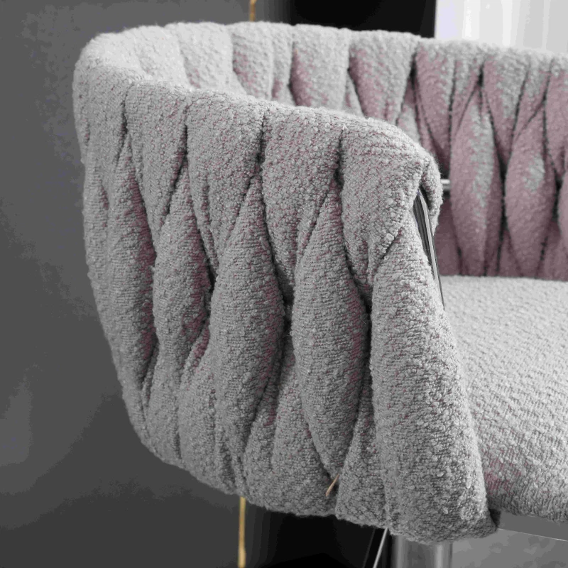 Adjustable Bar Stools Set of 2 with Woven Backs and Silver Base, Upholstered Boucle Fabric, for Kitchen Island and Pub, 53x51x87 cm, Gray