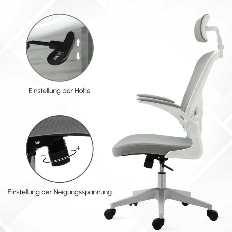 Vinsetto Bürostuhl ergonomischer Shreibtischstuhl mit Wippfunktion hoher Rückenlehne Lendenwirbelstütze Kopfstütze hochklappbarem Arm Home-Office Grau 65 x 64 x 114-122 cm
