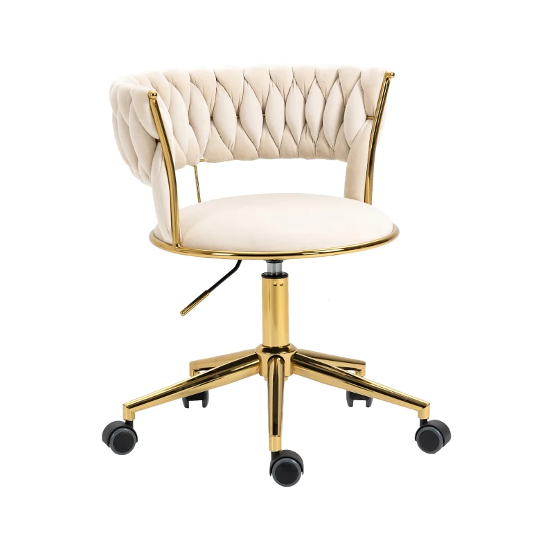 Velvet 360° Swivel Computer Chair with Backrest, 5 Wheels, Adjustable Height, Stainless Base, 62x62x77 cm, Ivory