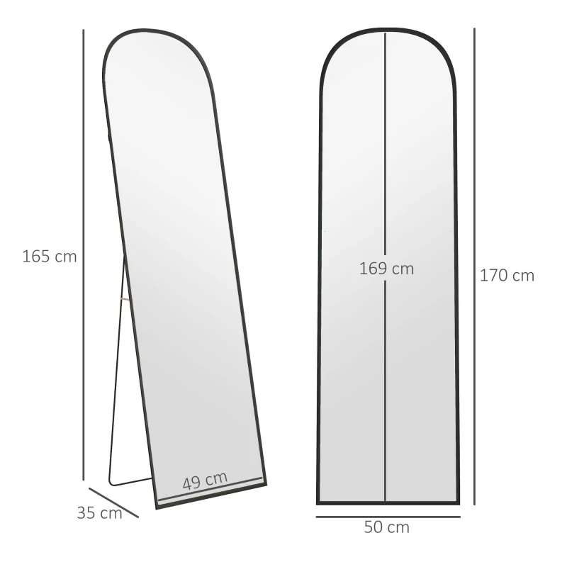 HOMCOM Espelho de Pé Espelho de Corpo Inteiro 50x170 cm com Estrutura de Liga de Alumínio e Suporte para Sala Quarto Preto