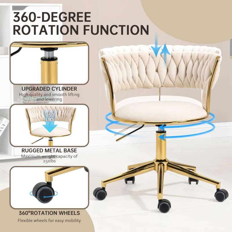 Velvet 360° Swivel Computer Chair with Backrest, 5 Wheels, Adjustable Height, Stainless Base, 62x62x77 cm, Ivory