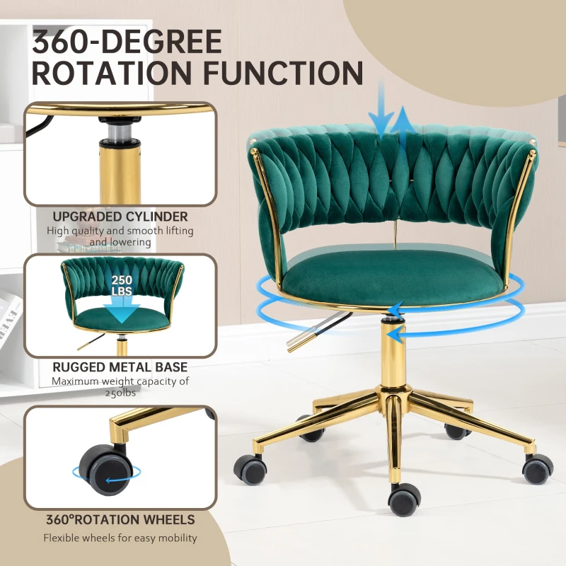 Velvet Swivel Office Desk Chair with Hand-Woven Backrest, 360° Swivel and Height Adjustable, Stainless Base with 5 Wheels, 62x62x77 cm, Emerald