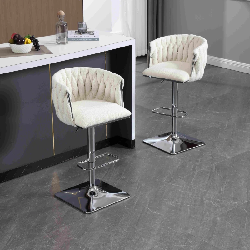 Adjustable Bar Stools Set of 2 with Woven Backs and Silver Base, Upholstered Boucle Fabric, for Kitchen Island and Pub, 53x51x87 cm, Ivory