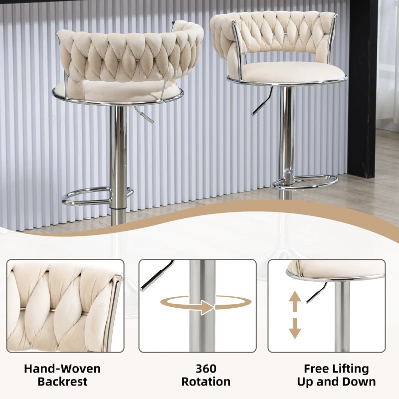 Set of 2 Kitchen Bar Seats with Back and Footrest, 360° Swivel Velvet Bar Chairs with Silver Legs, Adjustable Seat Height, 54x46x97 cm, Ivory