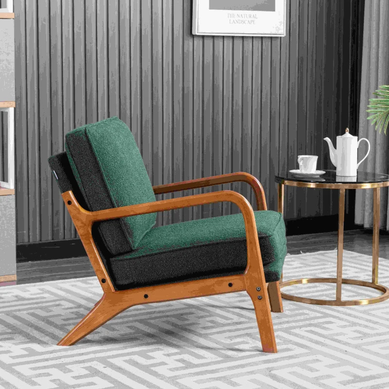 Mid-Century Modern Accent Chair with Solid Wood Frame and Soft Cushion, Comfy Armchair for Living Room, Ergonomic Design, 65x80x76 cm, Emerald