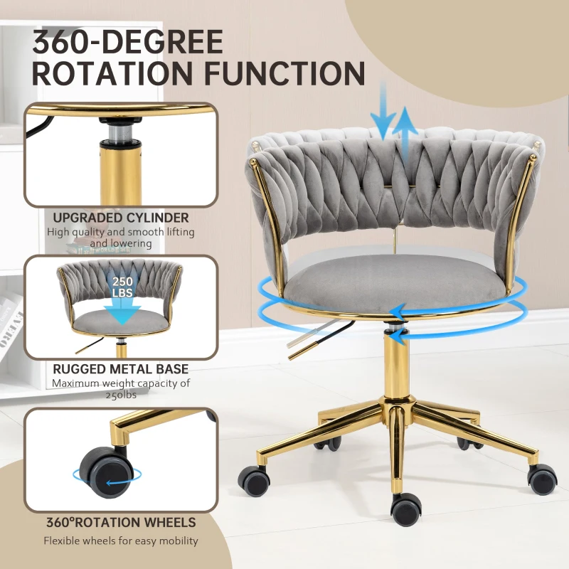 Velvet Swivel Executive Office Desk Chair with Hand-Woven Backrest, 360° Swivel and Height Adjustable, Stainless Base and 5 Wheels, 62x62x77 cm, Gray