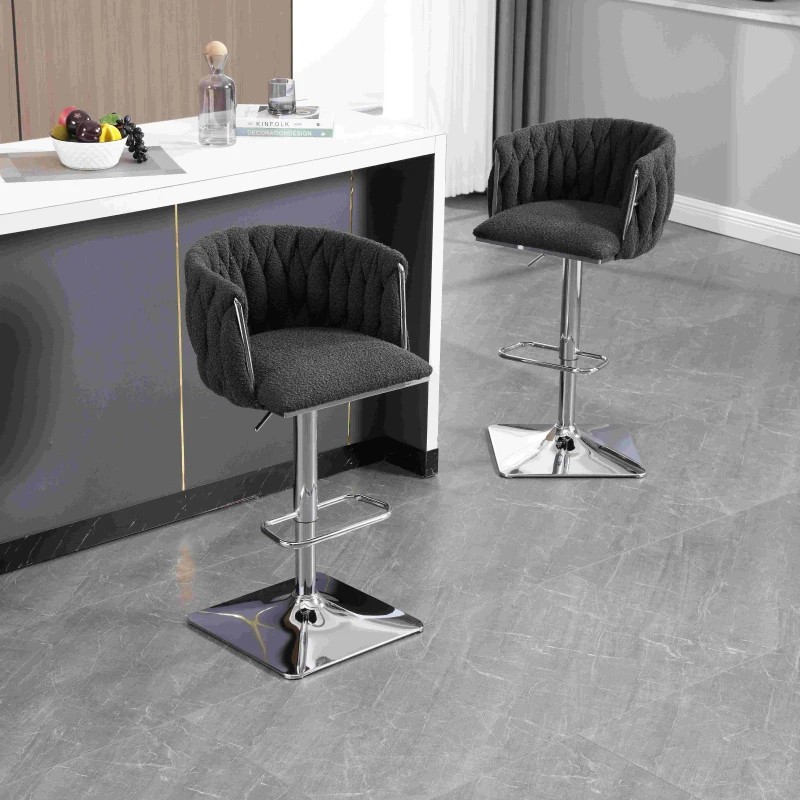 Set of 2 Adjustable Upholstered Swivel Kitchen Stools with Silver Base, Bar Stools with Backs for Kitchen Island, Pub, 53x51x87 cm, Black