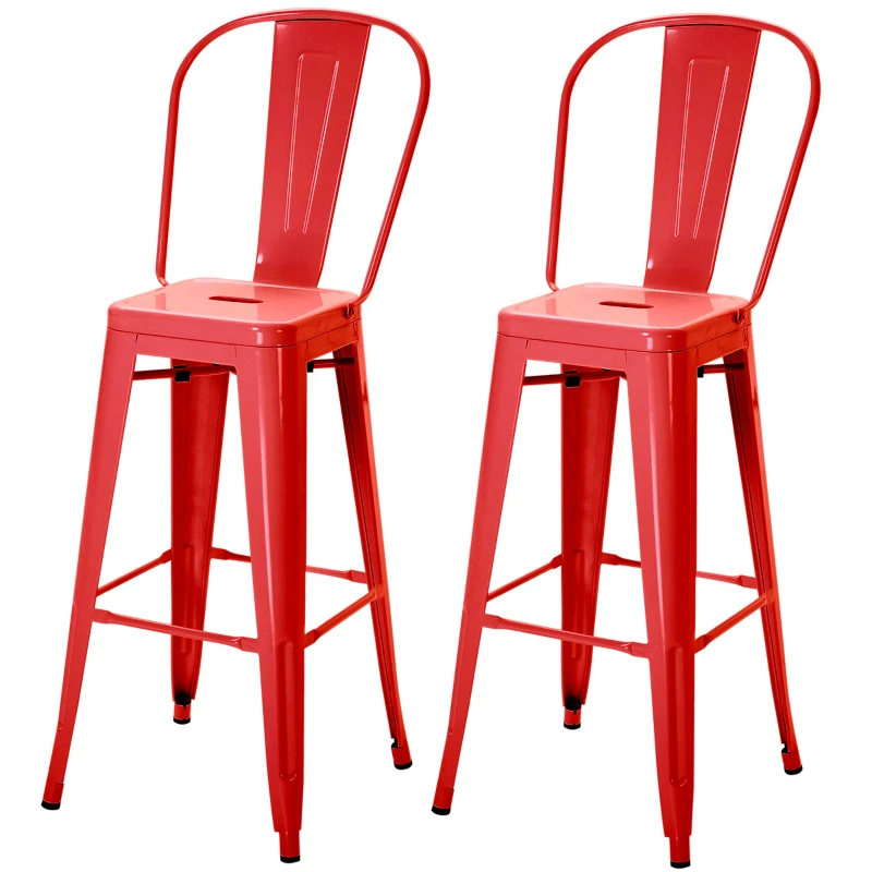 HOMCOM Set 2 Taburete de Bucătărie cu Spătar Detașabil și Reazem pentru Picioare, 44x49x116 cm, Roșu