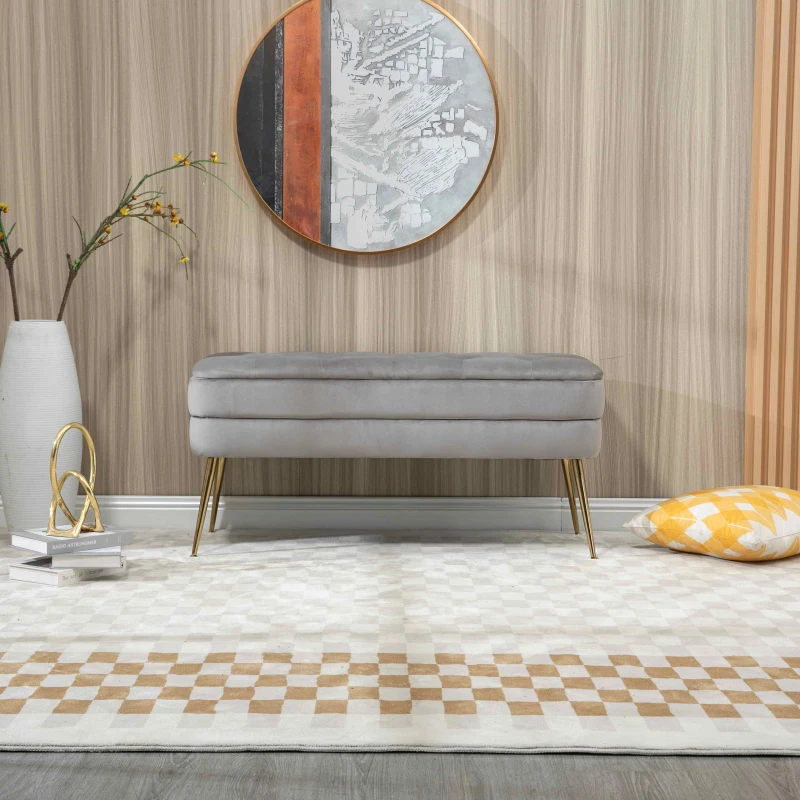 Velvet Upholstered Storage Ottoman Bench with Metal Legs, Multifunctional Footrest Sofa, 104x40x51 cm, Grey