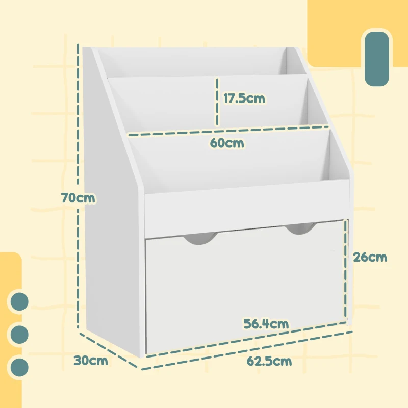 AIYAPLAY Bibliotecă pentru Copii 3-8 Ani cu 3 Rafturi și Sertar, Raft de Depozitare Jucării, 62,5x30x70 cm, Alb