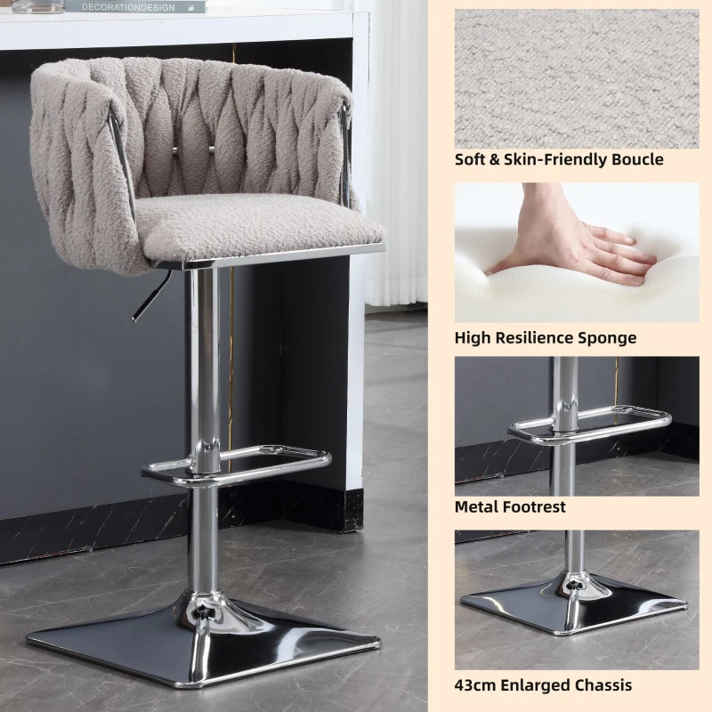 Adjustable Bar Stools Set of 2 with Woven Backs and Silver Base, Upholstered Boucle Fabric, for Kitchen Island and Pub, 53x51x87 cm, Gray