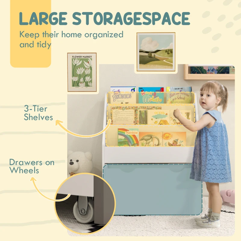 AIYAPLAY Bibliotecă pentru Copii 3-8 Ani cu 3 Rafturi și Sertar, Raft de Depozitare Jucării, 62,5x30x70 cm, Alb