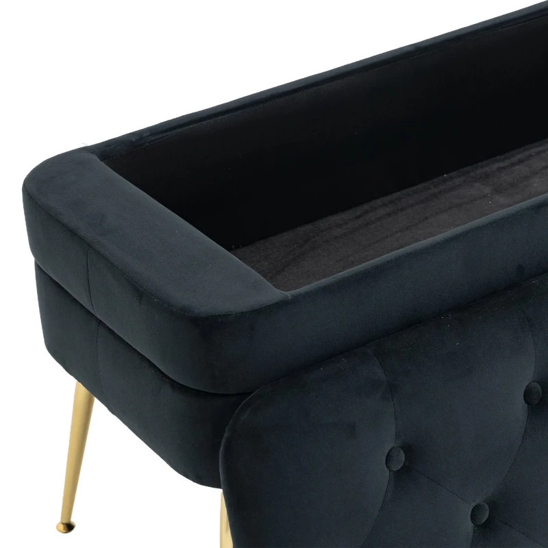 Velvet Upholstered Storage Ottoman Bench with Metal Legs, Footrest Sofa for Bedroom and Living Room, 104x40x51 cm, Black