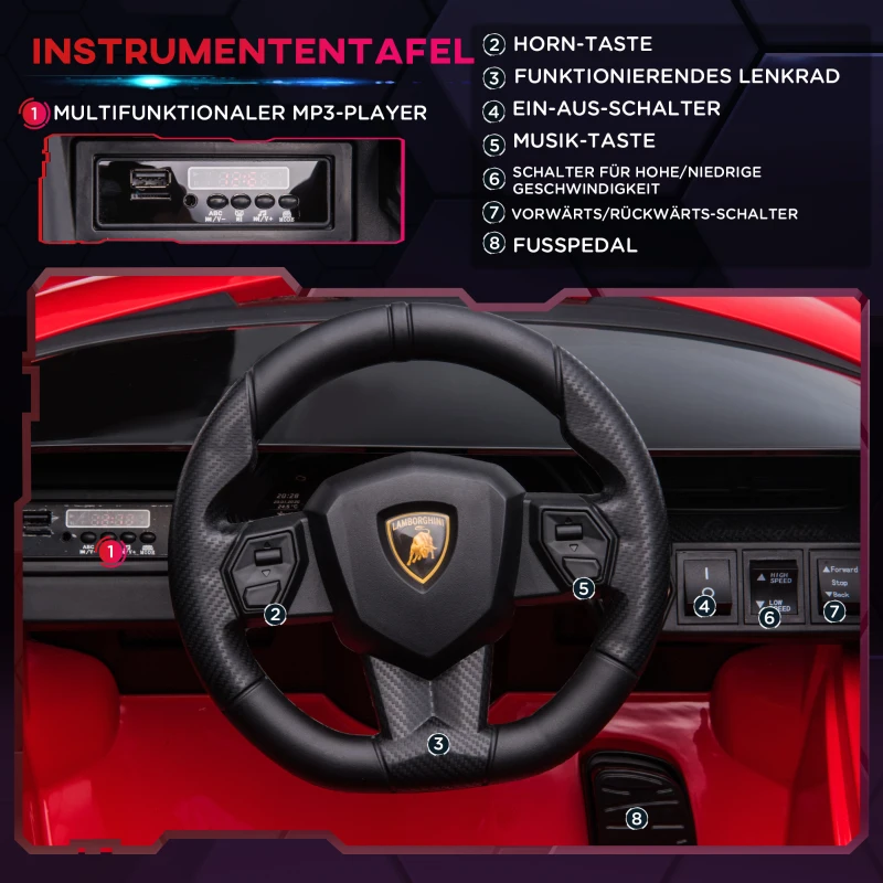 HOMCOM kindervoertuig 2 rijmodi Lamborghini SIAN SUV auto speelgoed elektrische auto met afstandsbediening extra brede banden muziek (MP3 / USB) licht 3–5 jaar PP metaal rood 108 x 62 x 40 cm