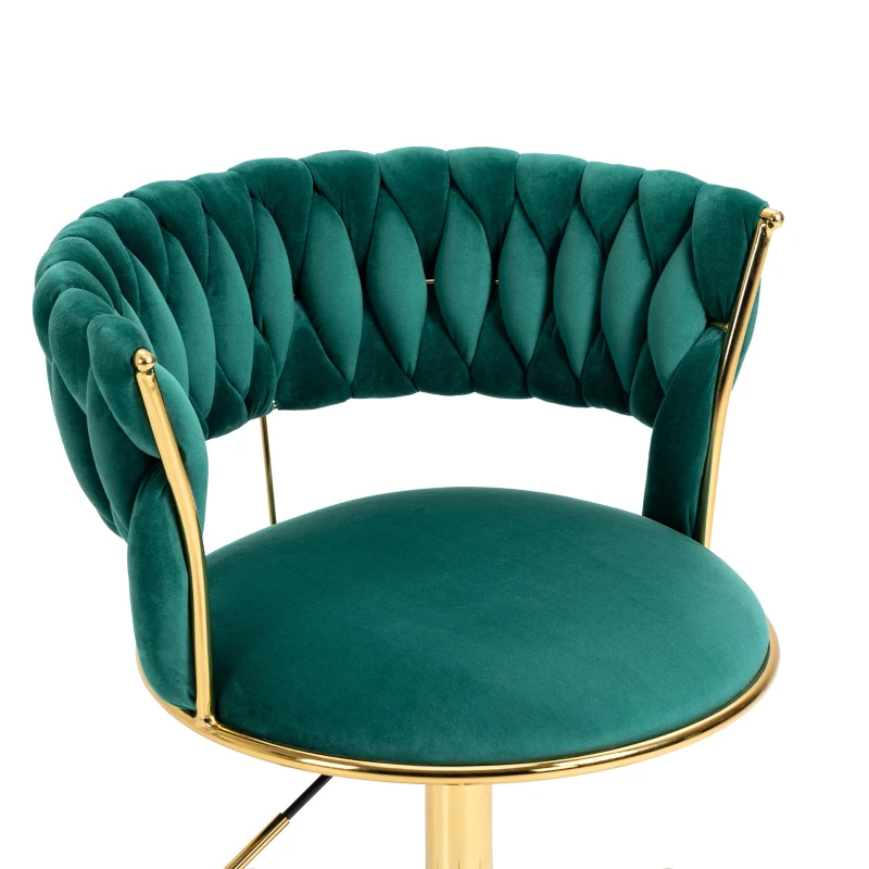Velvet Swivel Office Desk Chair with Hand-Woven Backrest, 360° Swivel and Height Adjustable, Stainless Base with 5 Wheels, 62x62x77 cm, Emerald