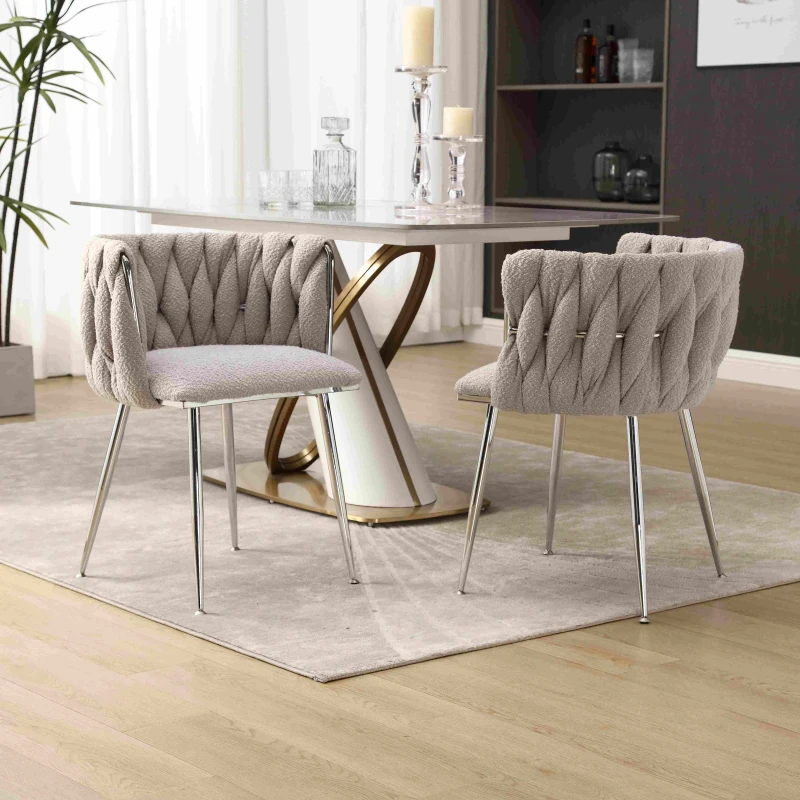 Set of 2 Modern Hand Weaving Dining Chairs with Silver Legs and Armrests, Boucle Upholstered Side Chairs, Set of 2 Dining Chair for Living Room, 54x52x73 cm, Gray