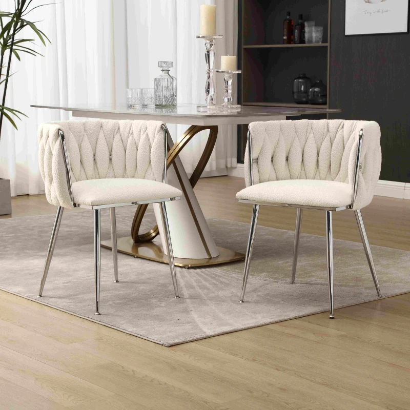 Set of 2 Modern Hand Weaving Dining Chairs with Silver Legs and Armrests, Boucle Upholstered Side Chairs, Set of 2 Dining Chair for Living Room, 54x52x73 cm, Ivory