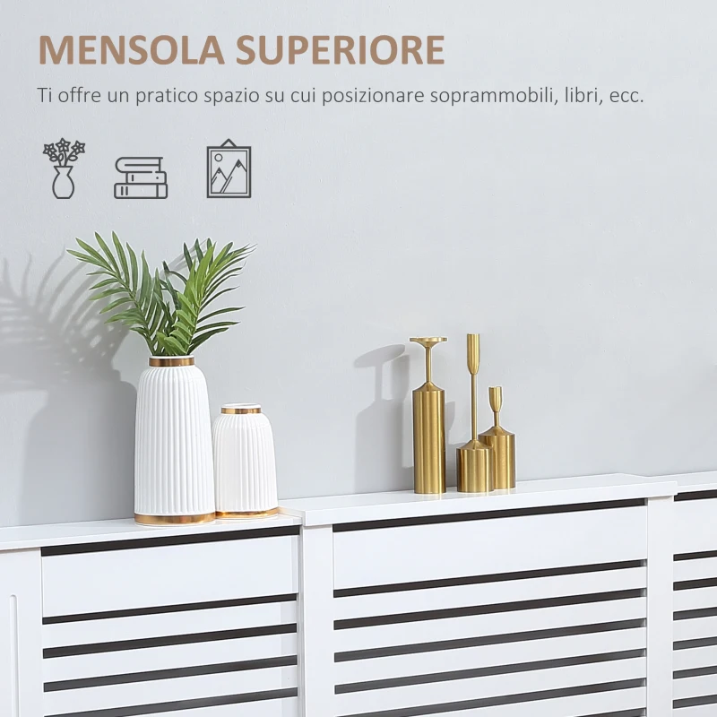 HOMCOM Mobile Copricalorifero Larghezza Regolabile e Mensola Superiore in MDF e Legno, 140-202x19x82.5cm, Bianco