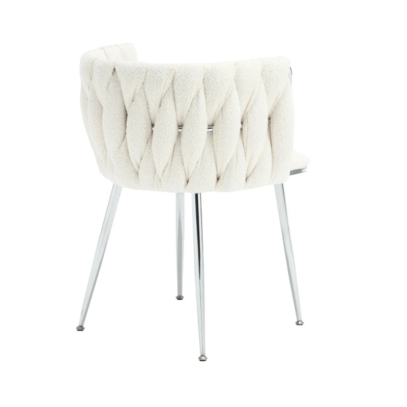 Set of 2 Modern Hand Weaving Dining Chairs with Silver Legs and Armrests, Boucle Upholstered Side Chairs, Set of 2 Dining Chair for Living Room, 54x52x73 cm, Ivory