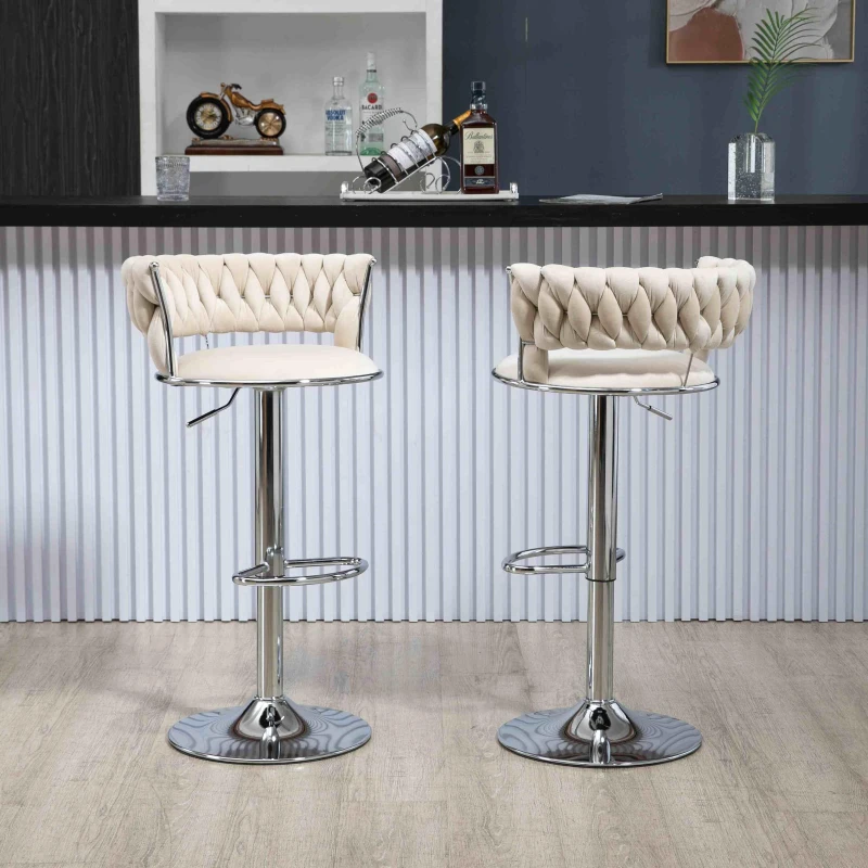 Set of 2 Kitchen Bar Seats with Back and Footrest, 360° Swivel Velvet Bar Chairs with Silver Legs, Adjustable Seat Height, 54x46x97 cm, Ivory