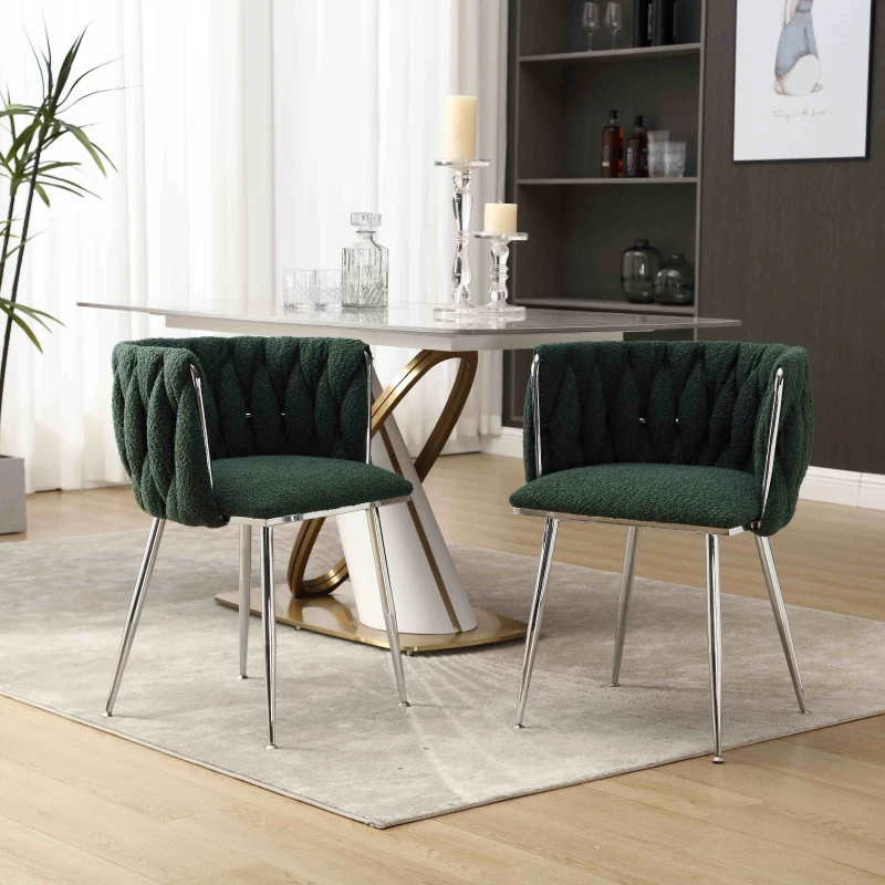 Set of 2 Modern Dining Chairs with Silver Legs, Hand-woven Backrest and Armrests, Upholstered Boucle Armchair for Living Room, 54x52x73 cm, Emerald