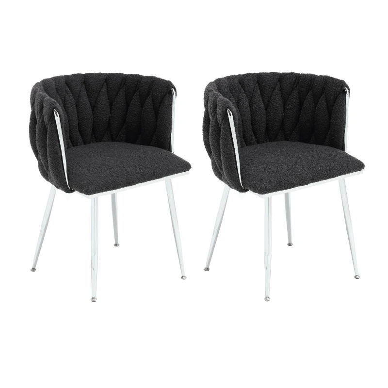 Set of 2 Modern Hand Weaving Dining Chairs with Silver Legs and Armrests, Boucle Upholstered Dining Chairs, Set of 2 Dining Chair for Living Room, 54x52x73 cm, Black
