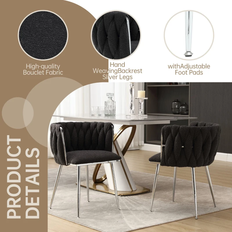 Set of 2 Modern Hand Weaving Dining Chairs with Silver Legs and Armrests, Boucle Upholstered Dining Chairs, Set of 2 Dining Chair for Living Room, 54x52x73 cm, Black