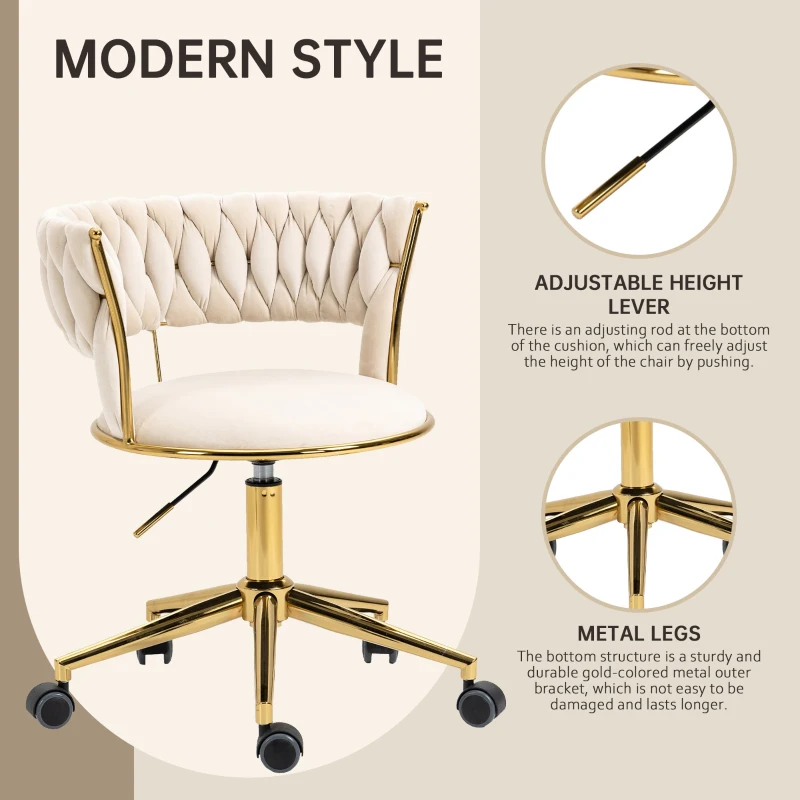 Velvet 360° Swivel Computer Chair with Backrest, 5 Wheels, Adjustable Height, Stainless Base, 62x62x77 cm, Ivory