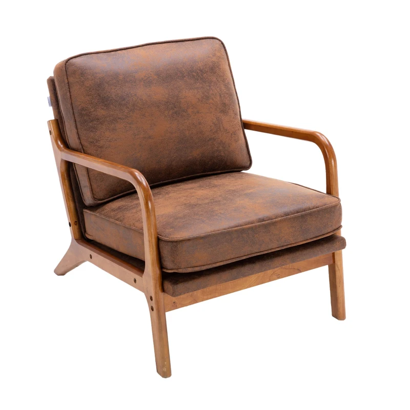 Modern Accent Armchair with Wooden Frame, Soft Cushion, Mid-Century Style, Comfy Chair for Bedroom, Living Room, 65x80x76 cm, Coffee