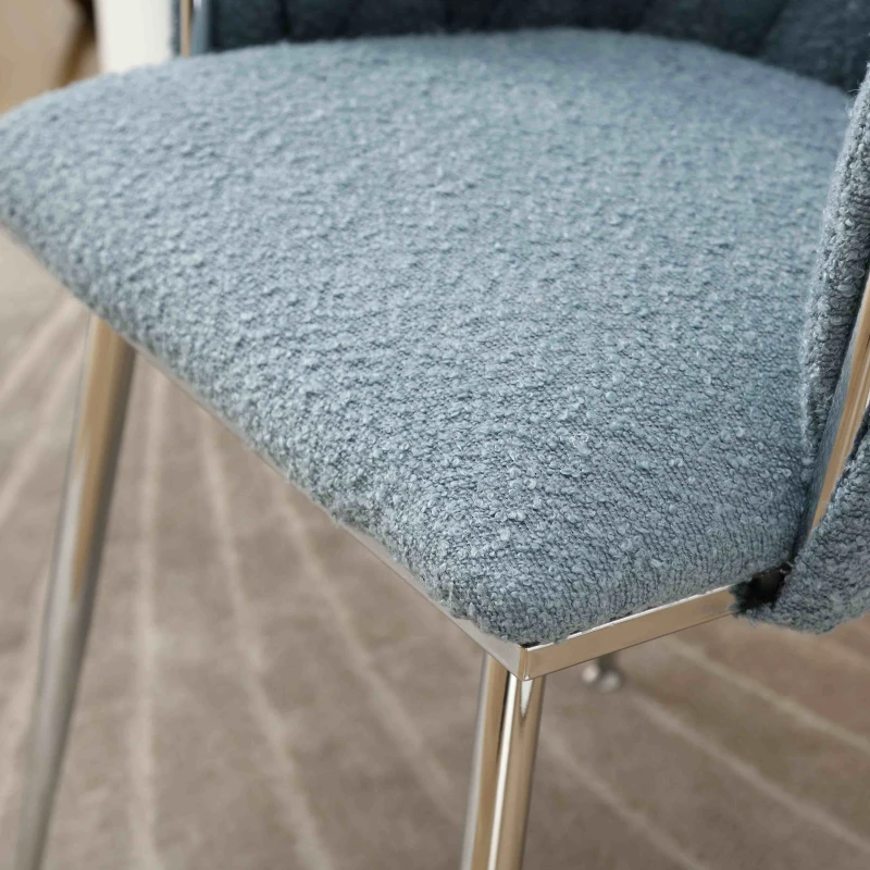 Set of 2 Modern Dining Chairs with Silver Legs, Hand-woven Backrest and Armrests, Upholstered Boucle Armchair for Living Room, 54x52x73 cm, Light Blue