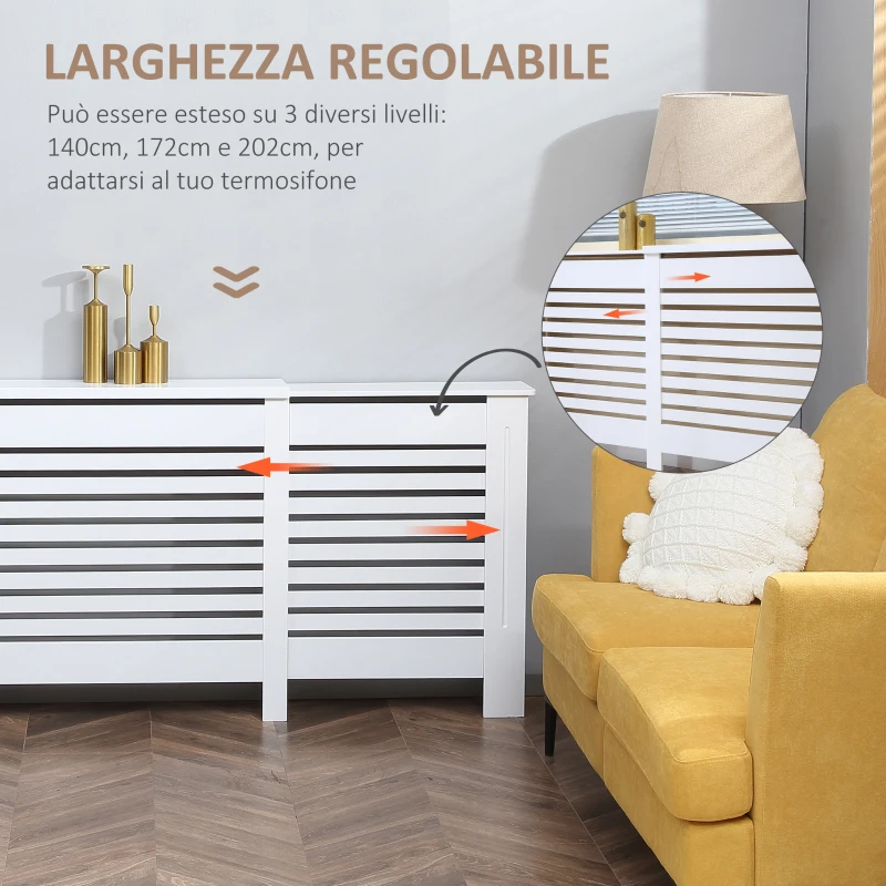 HOMCOM Mobile Copricalorifero Larghezza Regolabile e Mensola Superiore in MDF e Legno, 140-202x19x82.5cm, Bianco