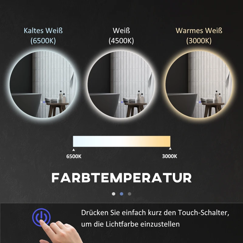 kleankin Runder LED-Wandspiegel, Touch-Schalter, Farbwechsel 3000K-6500K, Antibeschlag, Ø 70 cm, Weiß/Silber
