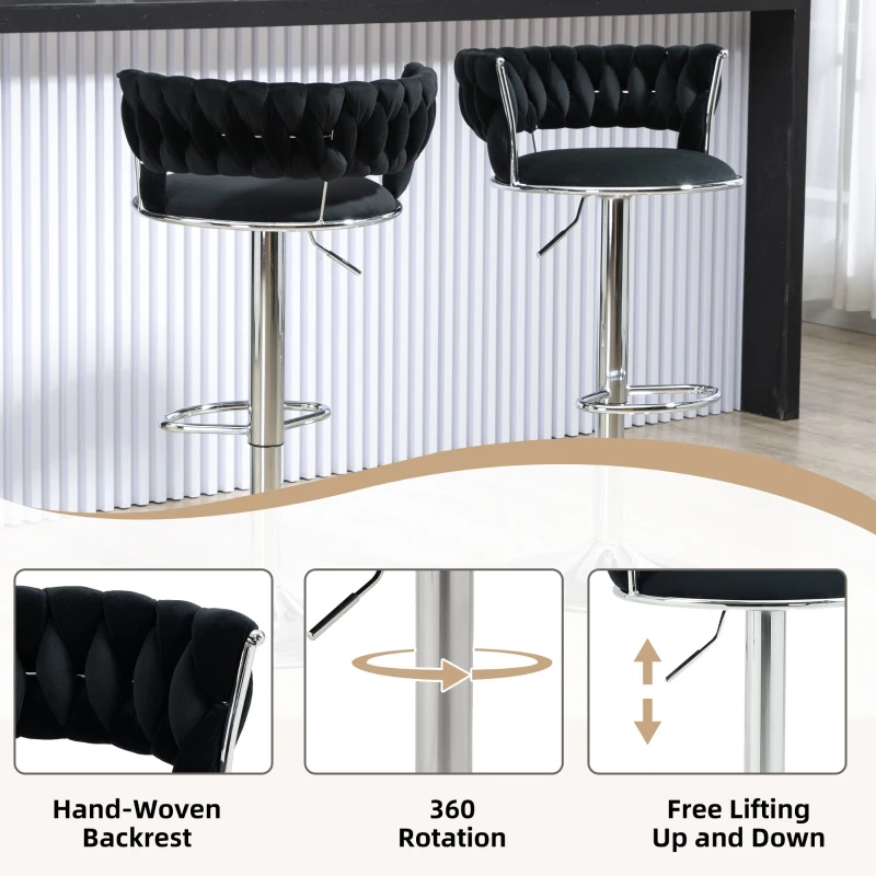 Set of 2 Adjustable Bar Stools with Back and Footrest, 360° Swivel Velvet Barstools with Silver Legs, 54x46x97 cm, Black