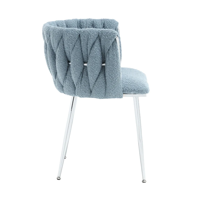 Set of 2 Modern Dining Chairs with Silver Legs, Hand-woven Backrest and Armrests, Upholstered Boucle Armchair for Living Room, 54x52x73 cm, Light Blue