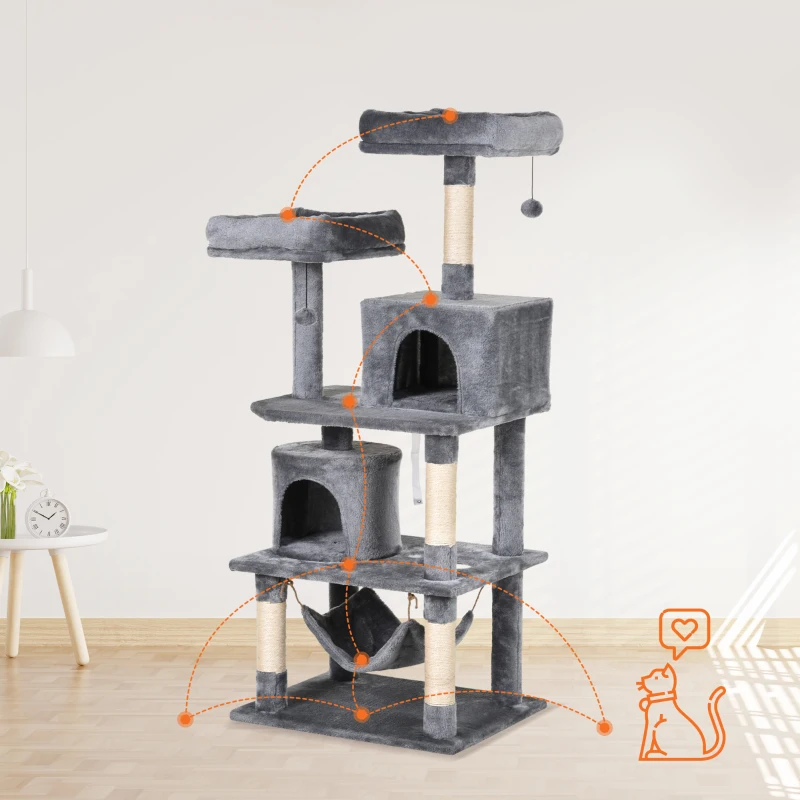 PawHut Katzen Kratzbaum groß 145 cm, Katzenbaum mit Hängematte, Kletterbaum für Katzen, Katzenkratzbaum Höhle Katzenmöbel mit Sisalstämmen, Hellgrau