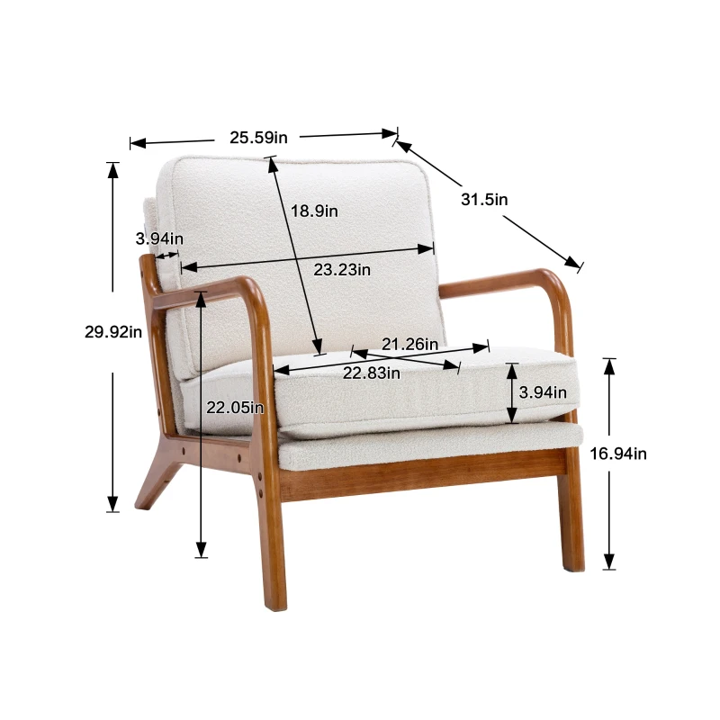 Mid-Century Modern Accent Chair with Solid Wood Frame and Soft Cushion, Comfy Armchair for Living Room, 65x80x76 cm, Beige