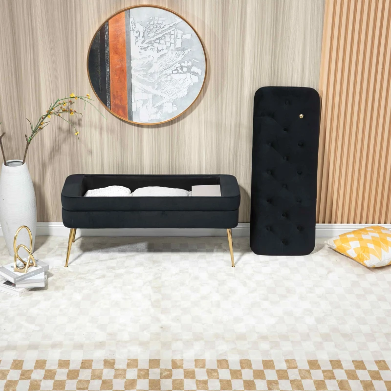 Velvet Upholstered Storage Ottoman Bench with Metal Legs, Footrest Sofa for Bedroom and Living Room, 104x40x51 cm, Black