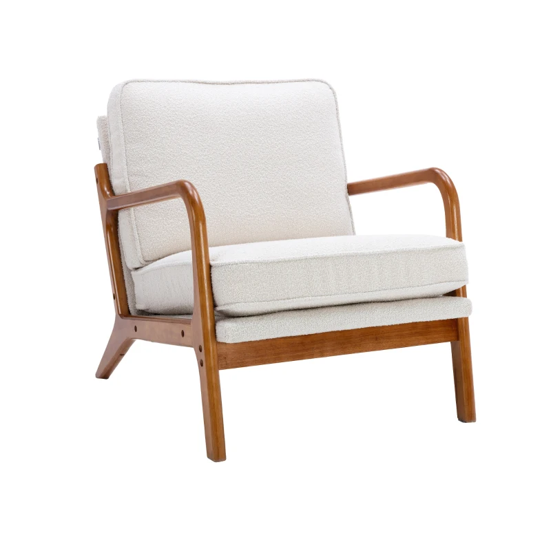 Mid-Century Modern Accent Chair with Solid Wood Frame and Soft Cushion, Comfy Armchair for Living Room, 65x80x76 cm, Beige